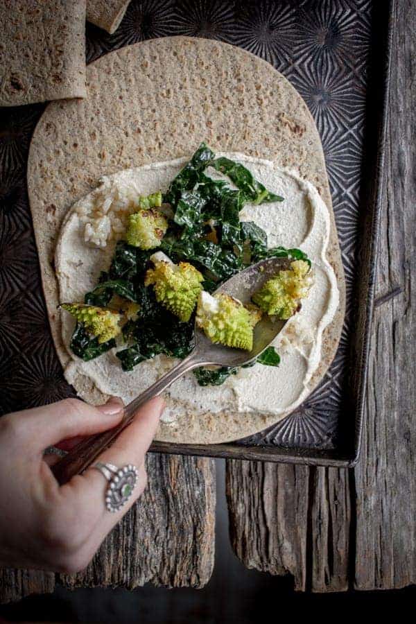 Roasted Romanesco Wraps with Hummus & Pomegranate recipe by @beardandbonnet on www.thismessisours.com
