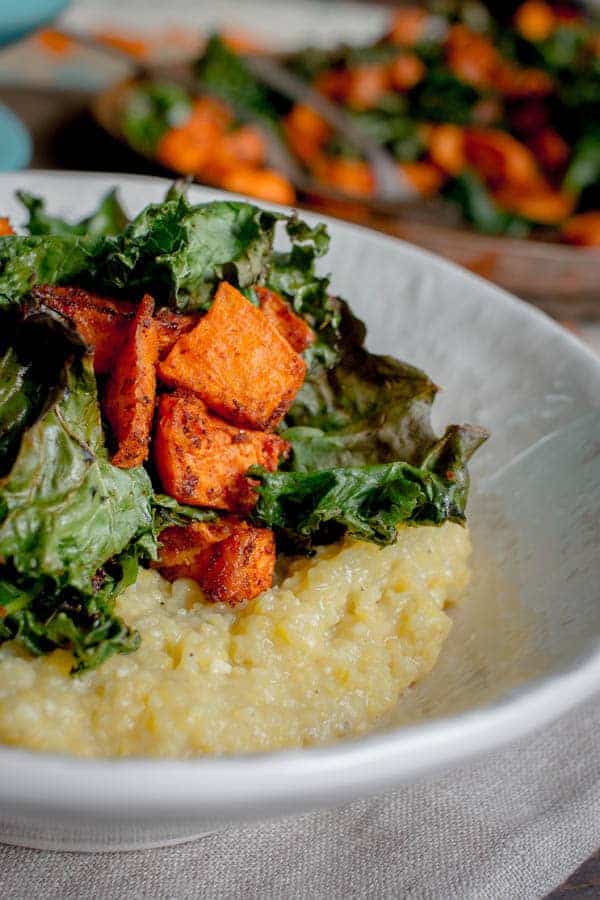 Oven Roasted Kale & Sweet Potato with Creamy Polenta recipe with @Massel by @beardandbonnet