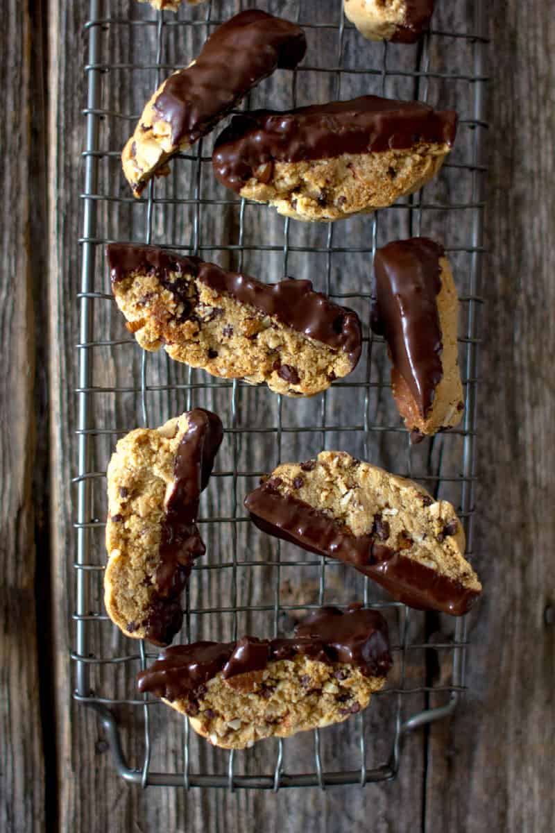 Chocolate-Dipped Almond and Cacao Nib Biscotti recipe by @pureella on www.thismessisours.com 