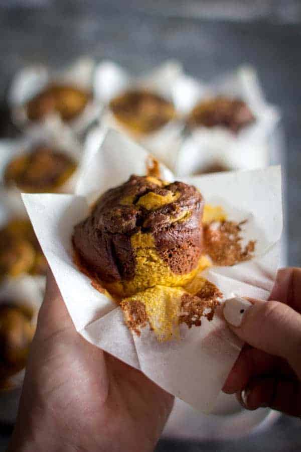 Decadent Marbled Pumpkin Muffins - the perfect baked treat for fall! Great for breakfast, snacks and even dessert! #glutenfree recipe on @thismessisours.com