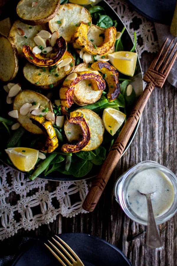 A perfect hearty salad for autumn! | Roasted fall veg, tender greens + sour cream and chive dressing recipe | on @beardandbonnet 