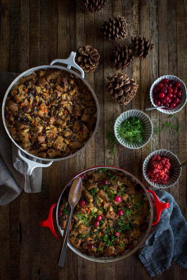 Gluten Free Sourdough Thanksgiving Stuffing recipe | The perfect gluten free and vegetarian stuffing for your holiday gathering this year. | by @beardandbonnet