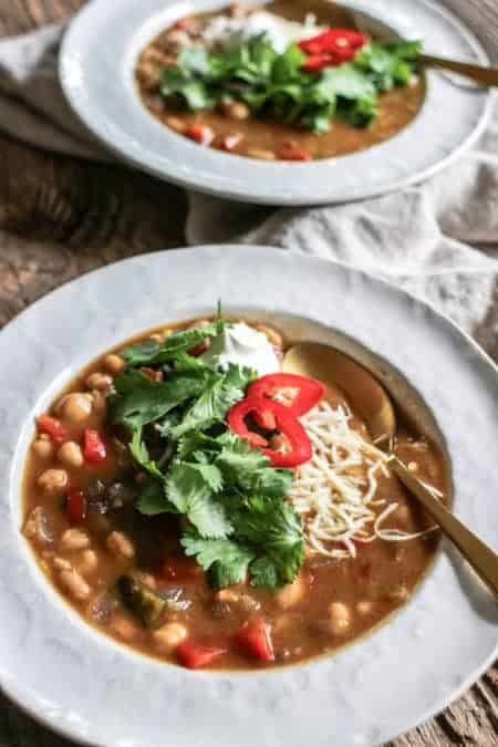 Close up of 2 bowls of Chickpea and White Bean Chili 