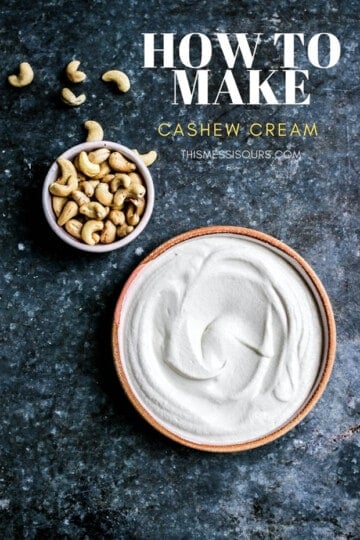 A bowl of silky cashew cream sauce next to a smaller bowl of raw cashews on a metal surface. the words "How to make cashew cream" are on the image.