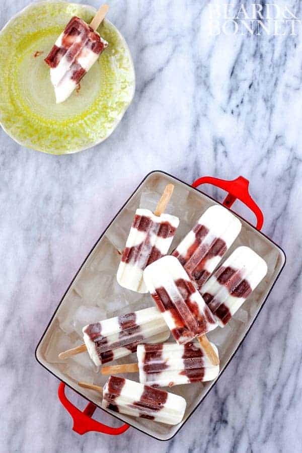 Roasted Strawberry, Rhubarb, and Yogurt Popsicles {Beard and Bonnet} #glutenfree