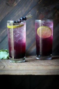 2 tall glasses sitting on a wooden shelf. They are filled with ice and a drink that has a purple ombre effect. There are lime wheels in both drinks and one of them has a cocktail pick with blueberries threaded onto it laying across teh top. There is a wall in the background made of dark brown wood slats.
