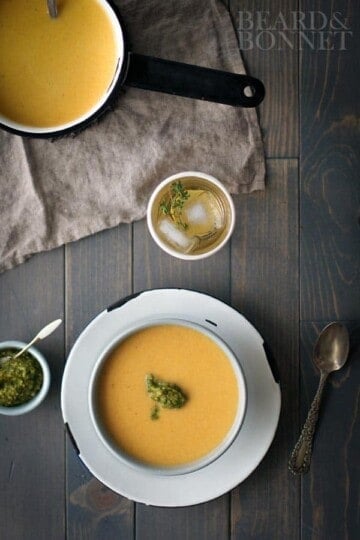 Creamy Roasted Butternut Soup with Spicy Green Romesco {Beard and Bonnet}
