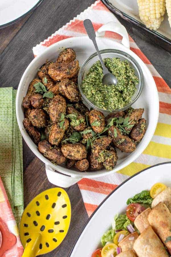 Paprika Roasted Potatoes with Cilantro Pesto recipe { @beardandbonnet www.thismessisours.com }