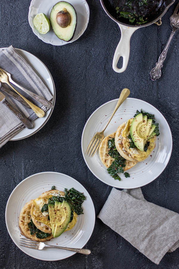 Savory Waffles with Garlicky Greens, Eggs, and Avocado { @beardandbonnet www.thismessisours.com }