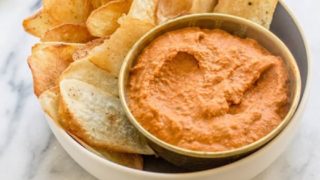 Baked Taro Root Chips with Roasted Red Pepper Walnut Dip - This