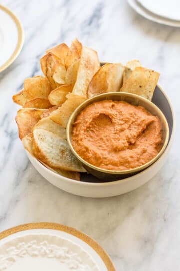 Taro Root Chips with Roasted Red Pepper Walnut Dip recipe by @beardandbonnet www.thismessisours.com