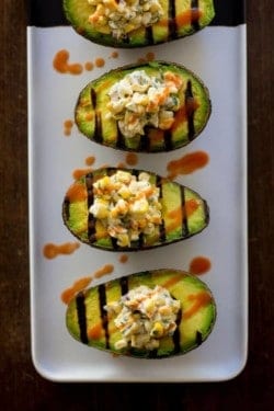 Vegan Mexican Street Corn in Grilled Avocado Boats