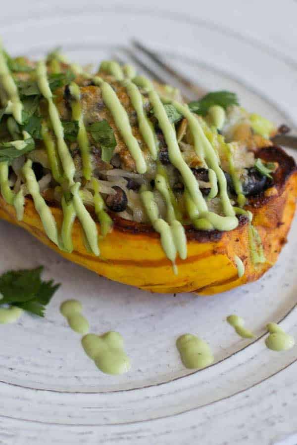 A delicata Squash Burrito Bowl with a drizzle of green avocado sauce 