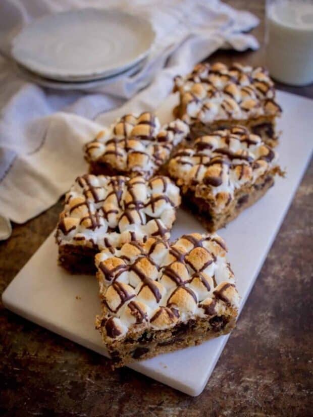 Chocolate Chip S'mores Cookie Bars recipe by @beardandbonnet on www.thismessisours.com