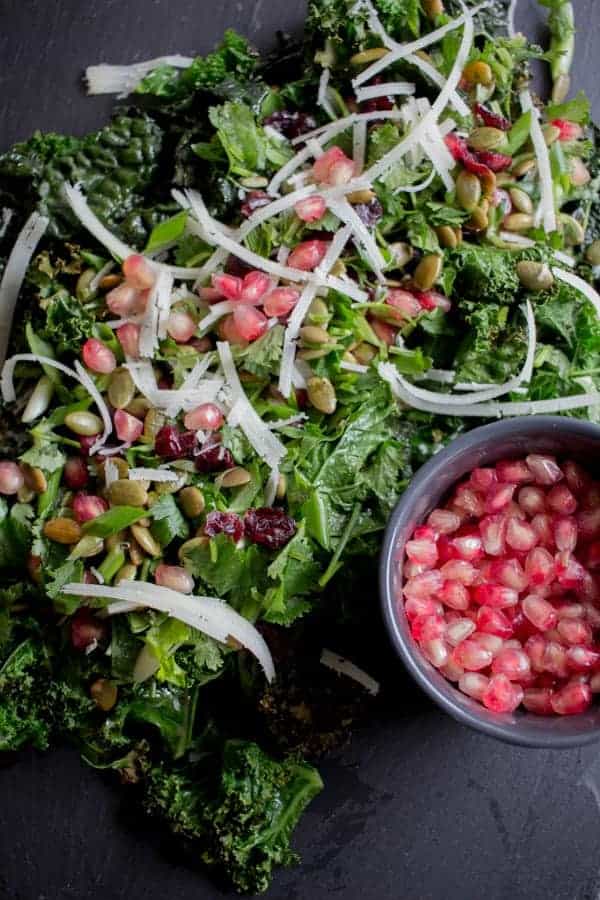 Fall Harvest Beet, Pomegranate, Avocado, and Gouda Kale Salad with Sweet +  Spicy Pepitas