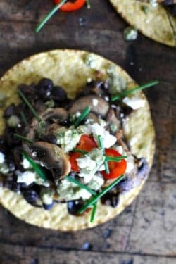 Mixed Mushroom Tostadas with Charred Scallion Pesto and Black Beans recipe by @holajalepeno on www.thismessisours.com