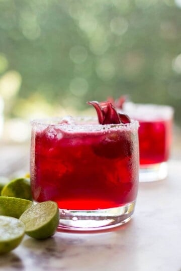 Two Hibiscus Key Lime Margaritas in front of a wall of greenery with dried hibiscus blossom garnishes