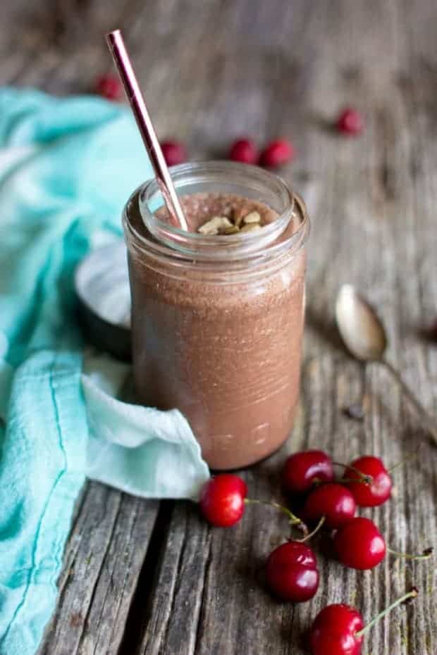 Boozy Chocolate Covered Cherry Milkshake recipe by @beardandbonnet on www.thismessisours.com