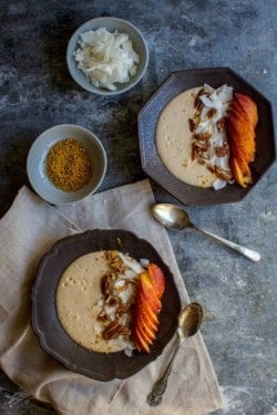 Vegan Peaches and Cream Smoothie Bowl recipe by @beardandbonnet with @LoveMySilk on www.thismessisours.com