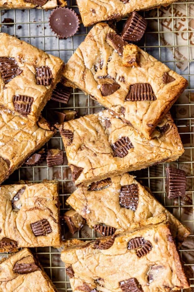 peanut butter cup blondies on a wire rack