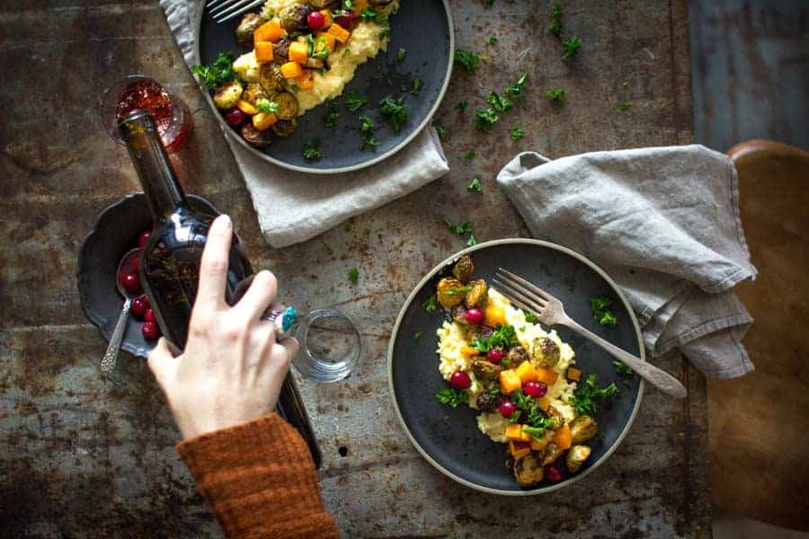 Roasted Brussels and Squash with Creamy Garlic Polenta | @thismessisours