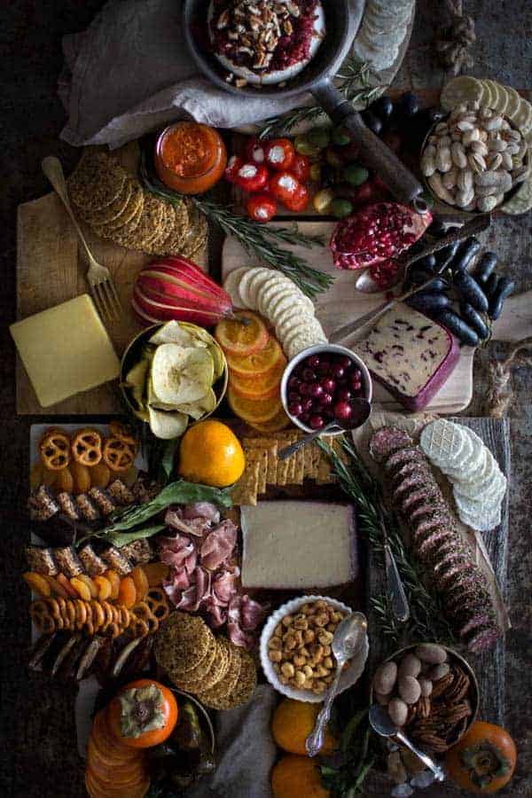 A close up image of a very large fall inspired charcuterie board