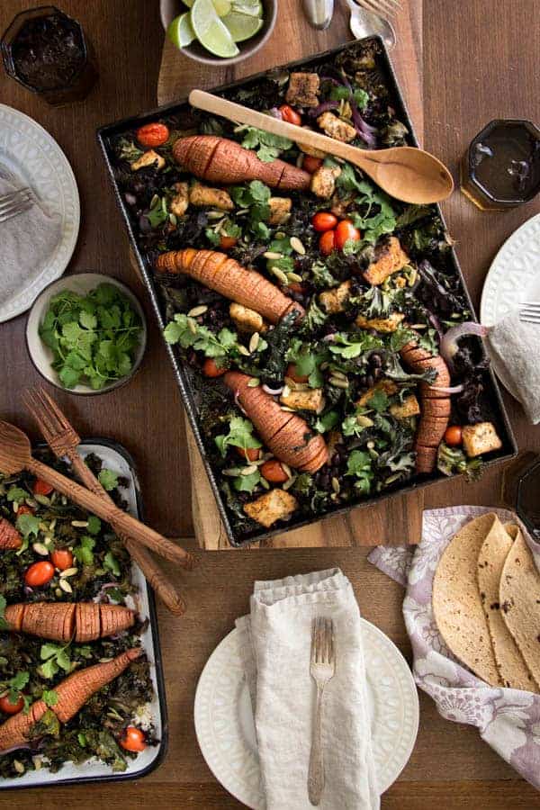 Chicken, Sweet Potato, and Black Bean Sheet Pan Tacos || We're sharing 2 versions of our favorite sheet pan supper - this meaty version with chicken and a vegan version loaded with veg! These sheet pan tacos are sure to be a hit at your table. || @thismessisours @flatoutbread