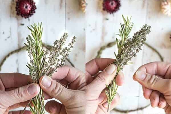 DIY Mini Floral and Herb Wreaths || Step 2 create small bundles of herbs and strawflower. || @thismessisours