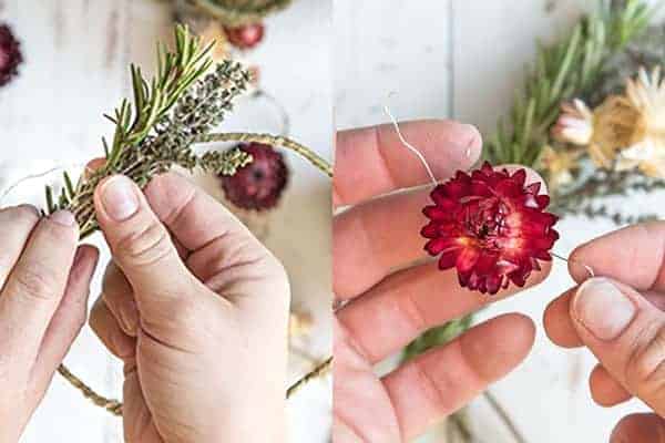 DIY Mini Floral and Herb Wreaths || Step 3. Add the bundles and florals to the wreath. || @thismessisours