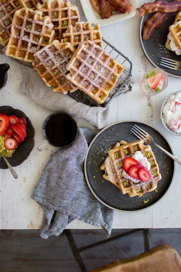 Decadent Strawberry and Pistachio Waffles recipe || Perfect for brunch or for meal prepping a week's worth of breakfasts || @thismessisours