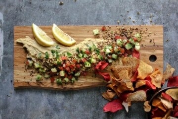 Deconstructed Tabbouleh Hummus Platter with root vegetable chips