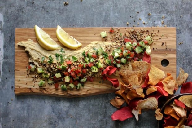 Deconstructed Tabbouleh Hummus Platter with root vegetable chips 