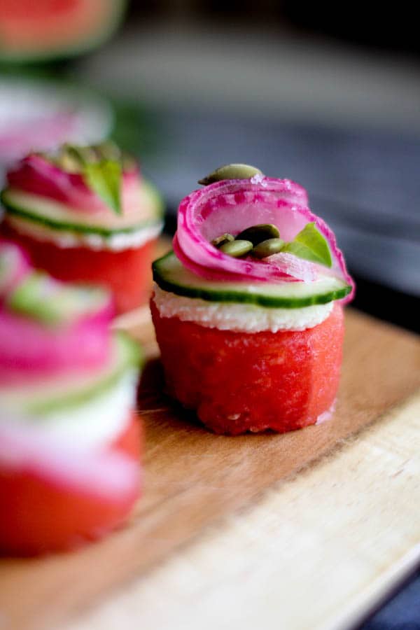 Easy Watermelon Canapés recipe || These 2-bite treats may look like they would be difficult to make, but looks can be deceiving. These party ready bites are super easy to make and even easier to eat. || @thismessisours @nutsdotcom #spon #vegetarian #glutenfree