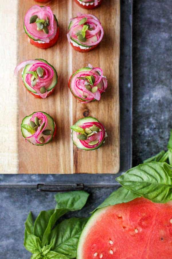 Easy Watermelon Canapés recipe || These party ready bites are super easy to make and even easier to eat. || @thismessisours @nutsdotcom #spon #vegetarian #glutenfree