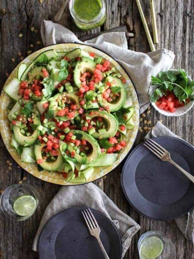Avocado Avenger Salad recipe || This dreamy summer salad is from @theblendergirl 's latest cookbook The Perfect Blend! It's everything we love about summer on one platter. || @thismessisours #glutenfree #vegan