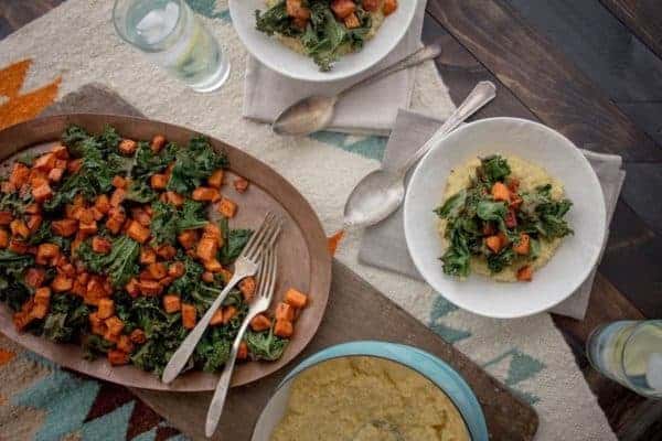 Oven Roasted Kale and Sweet Potato with Creamy Polenta recipe || @thismessisours