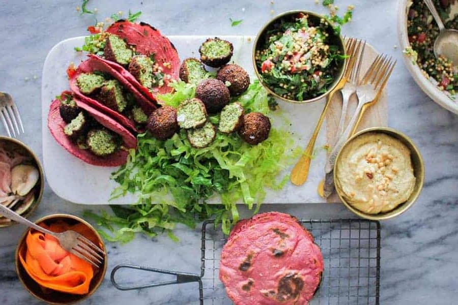 Perfectly Pink Tortillas stuffed with falafel and veg