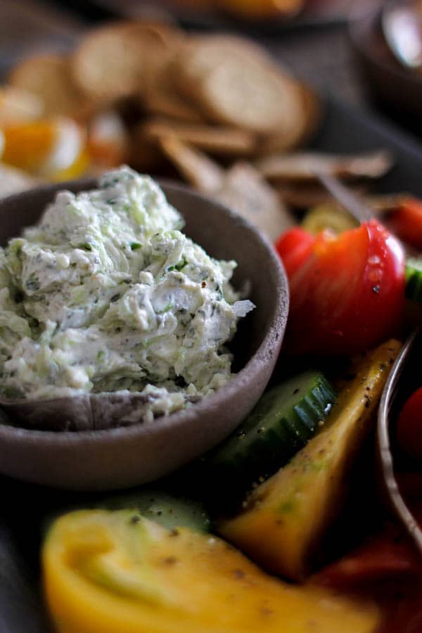 Southern Picnic Platter recipe ||Benedictine spread is a staple at the Derby in Kentucky, but I think this creamy cucumber and goat cheese laced dip should be on hand all summer long! || @thismessisours