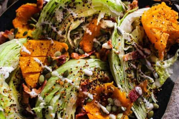 Roasted Butternut and Ranch Autumn Wedge Salad recipe || Butternut squash truly shines in this ranch smothered wedges salad with garlic laced crispy quinoa and smoky bacon. || @thismessisours @litehousefoods #spon