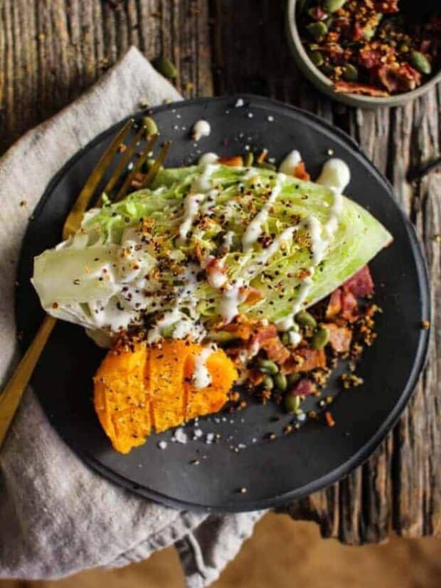 Roasted Butternut and Ranch Autumn Wedge Salad recipe || Butternut squash truly shines in this ranch smothered wedges salad with garlic laced crispy quinoa and smoky bacon. || @thismessisours @litehousefoods #spon