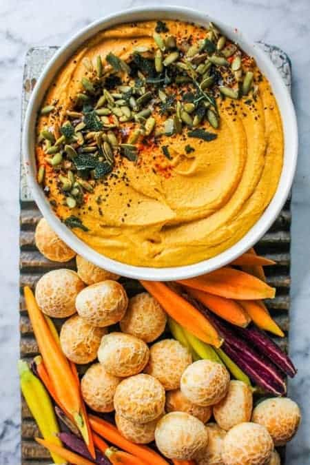 butternut squash hummus with crispy fried sage., pepitas, smoked paprika, carrots, Brazilian bites