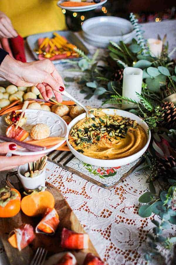 Roasted Butternut Hummus with Crispy Fried Sage recipe || Perfect for fall snacking or easy entertaining this hummus comes together with a handful of fall pantry staples and is sure to be a hit. || @thismessisours @friendswhofete #friendswhofete #vegan #glutenfree