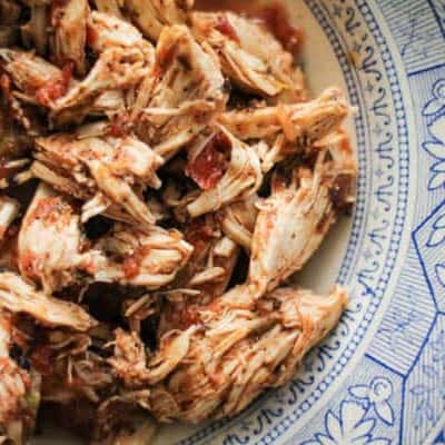 Shredded Oven Baked Salsa Chicken in Bowl