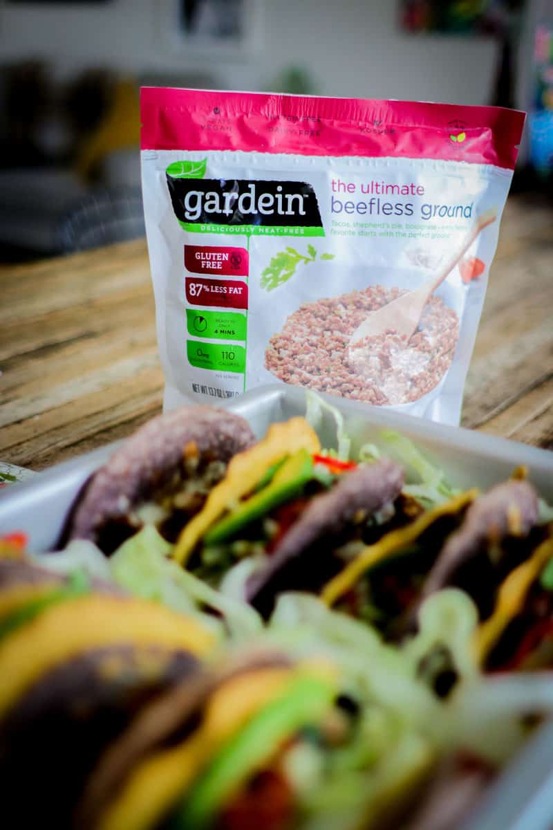 Gardein ultimate beetles ground packaging with a pan full of tacos