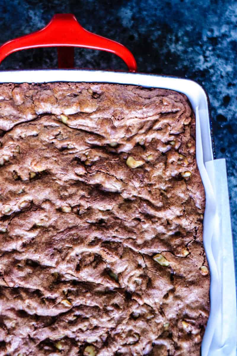 Baking pan of walnut studded brownies