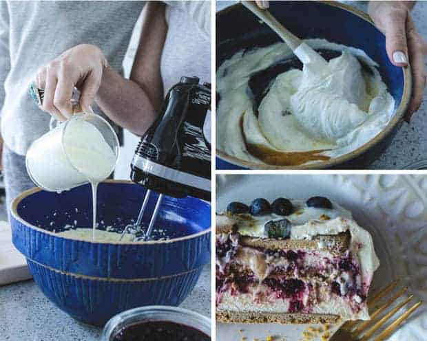 A three picture collage; 1 image has a woman with a turquoise ring and a small child making whipped cream in a blue bowl with an electric mixer, one image is lemon curd being folded into the whipped cream with a white spatula inside the bowl bowl, and one image is of a slice of Blueberry Lavender Icebox Cake on a cream plate with a decorative edge and a gold fork. 