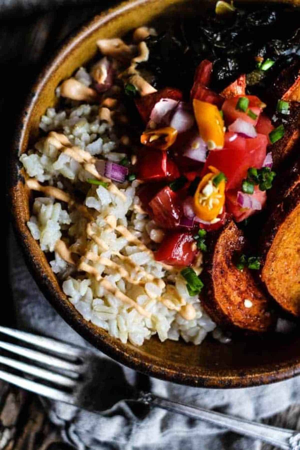 Simple Brown Rice Bowl Recipe with Collards & Roasted Sweet Potatoes
