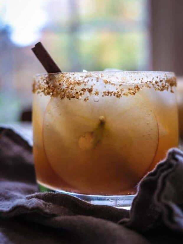 A cocktail glass filled with a gold colored cocktail, a very tin apple slice, and a cinnamon stick is sitting in front of a window that has trees with fall foliage outside of it. The glass has a brown sugar and cinnamon rim.