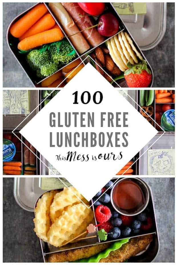 A graphic with 3 images of colorful beto boxes. The text reads "100 Gluten Free Lunchboxes by This Mess is Ours"