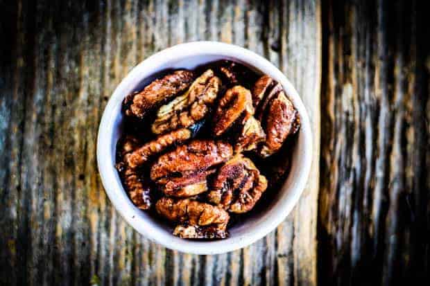 A small bowl of candied pecans 
